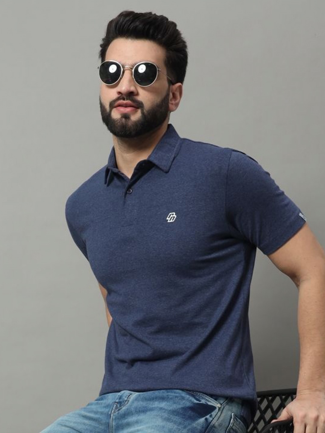 

RENUOVO Men Solid Polo Collar Cotton T-shirt, Navy blue