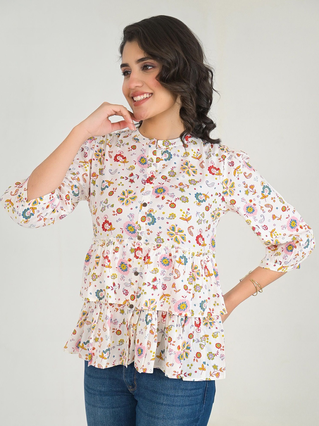 

Pahiya Floral Print Mandarin Collar Shirt Style Top, White