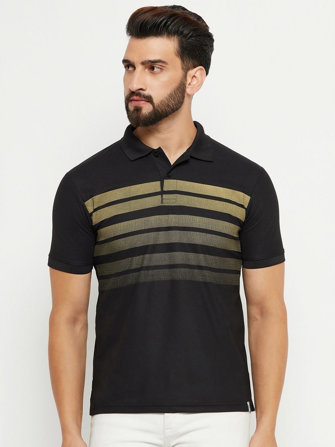 

RENUOVO Men Striped Polo Collar Cotton T-shirt, Black