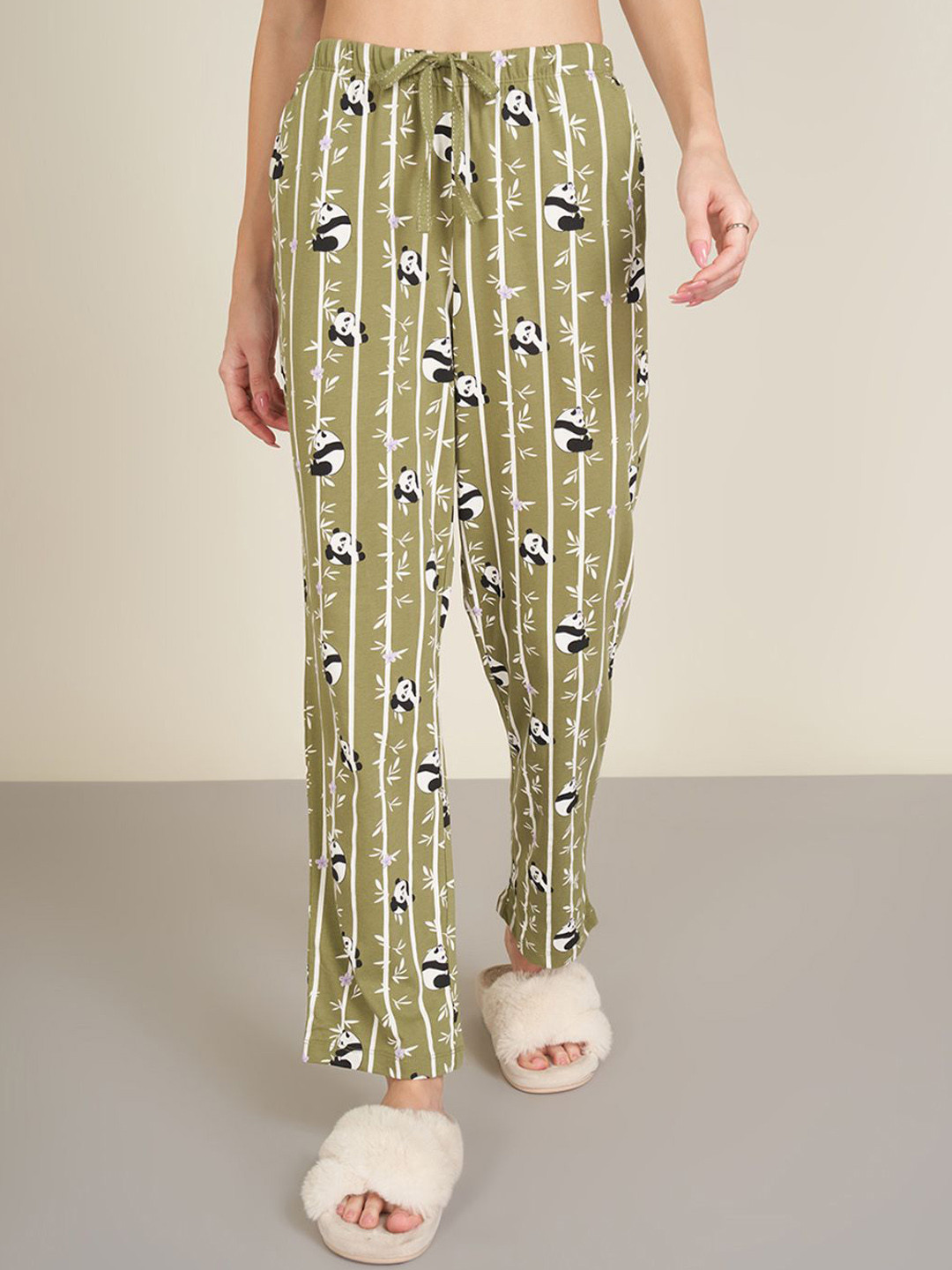 

Dreamz by Pantaloons Women Printed Pure Cotton Mid Rise Lounge Pants, Olive