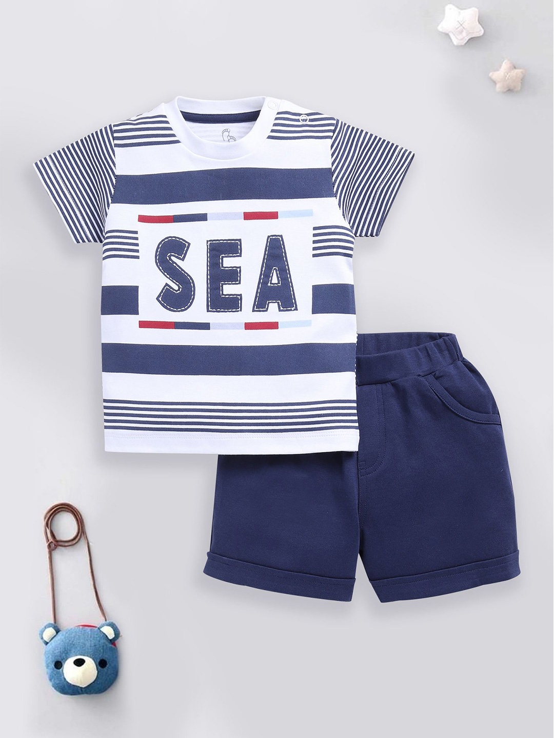 

BABY GO Boys Printed Round Neck T-shirt With Shorts, Navy blue