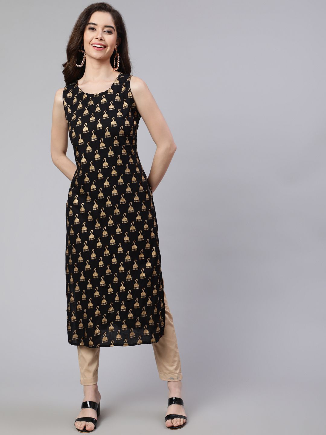 

Viharini Quirky Printed Sleeveless Round Neck Straight Kurta, Black
