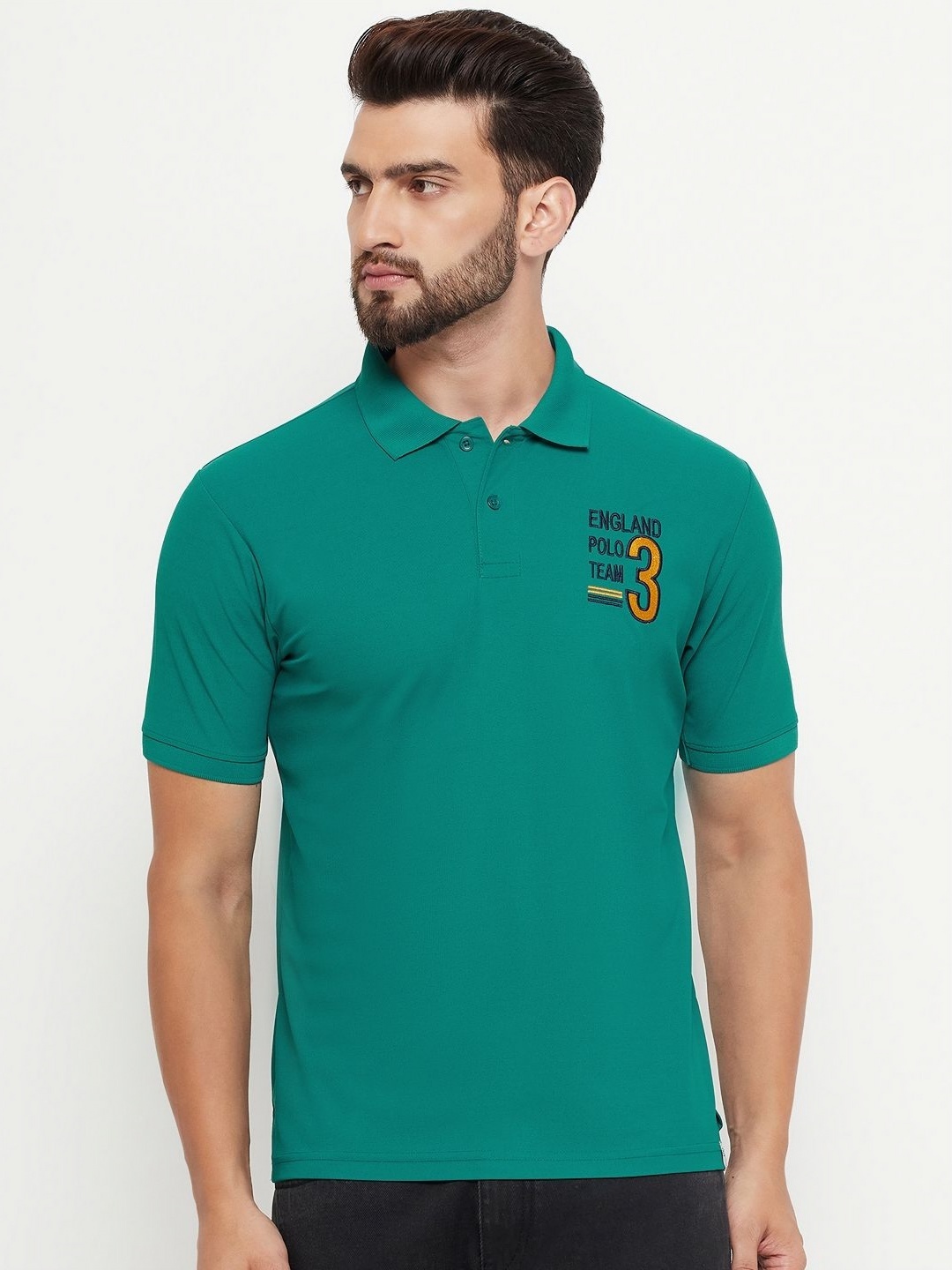 

RENUOVO Men Polo Collar Applique T-shirt, Teal