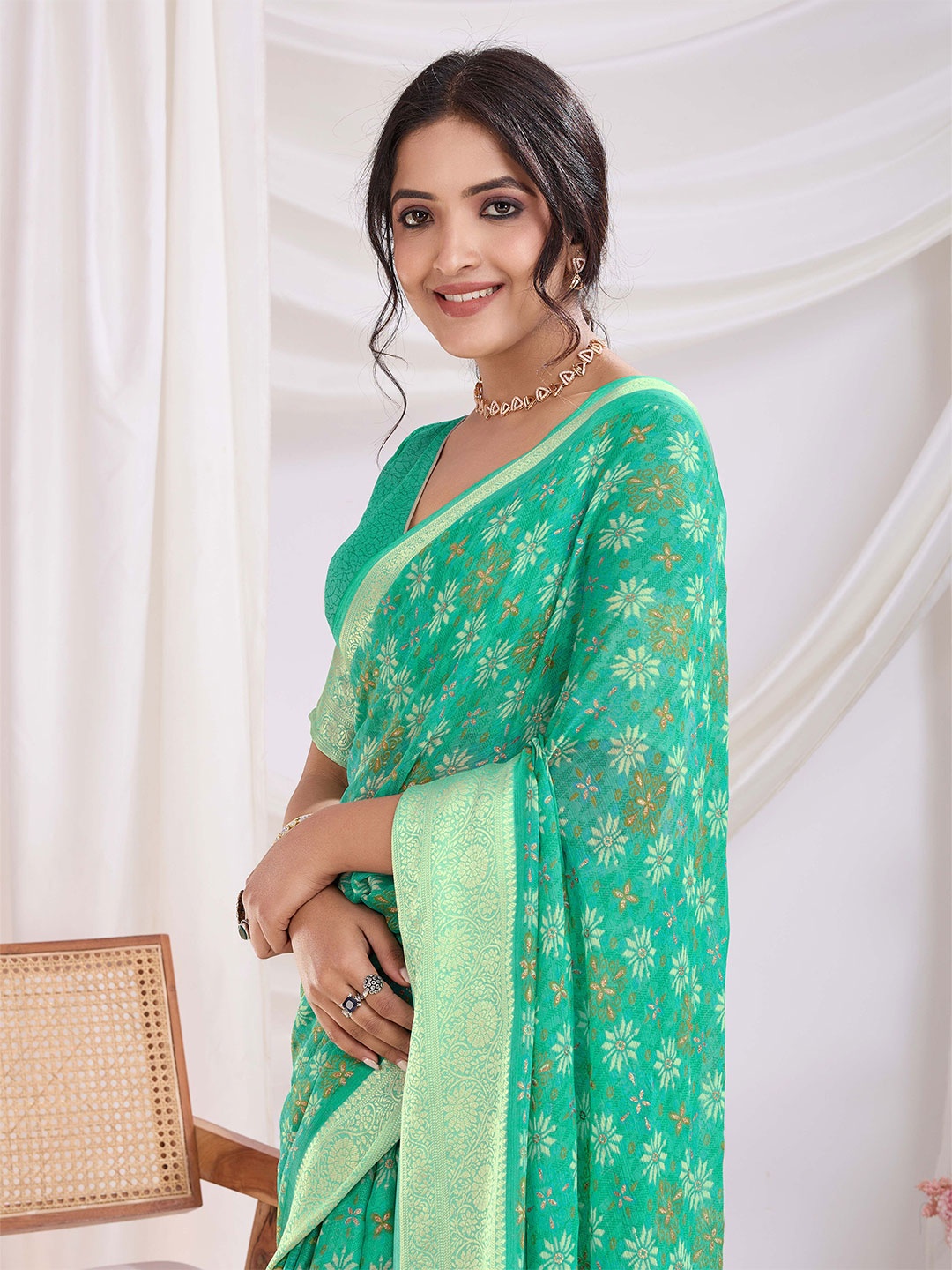 

Mitera Floral Zari Pure Chiffon Ikat Saree, Sea green