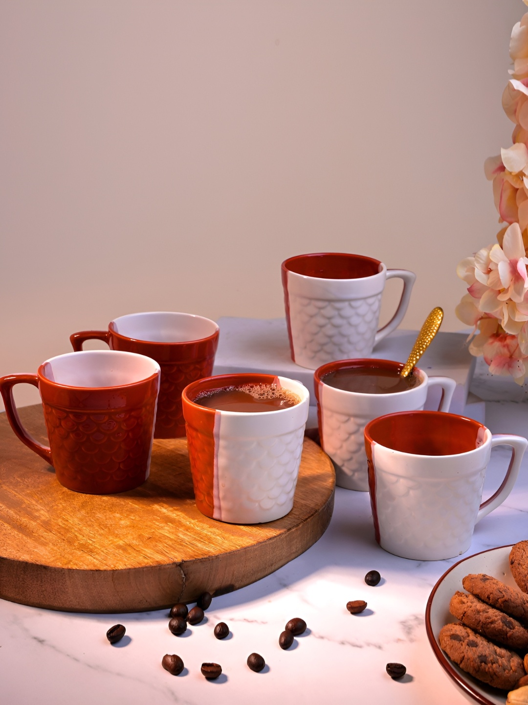 

Storepedia White & Red 6 Pieces Textured Glossy Ceramic Coffee Cups 150 ml Each