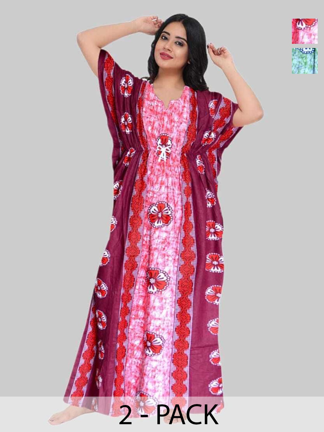 

PR PINK ROYAL Women Pack Of 2 Printed Pure Cotton Kaftan Nightdress, Red