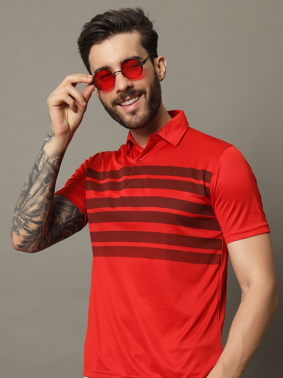 

RENUOVO Men Striped Polo Collar Cotton T-shirt, Red