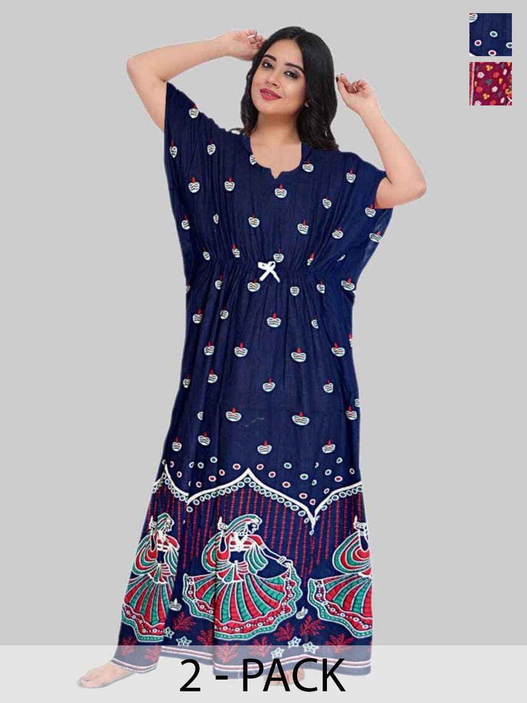 

PR PINK ROYAL Women Pack Of 2 Ethnic Motifs Printed Pure Cotton Kaftan Nightdress, Blue