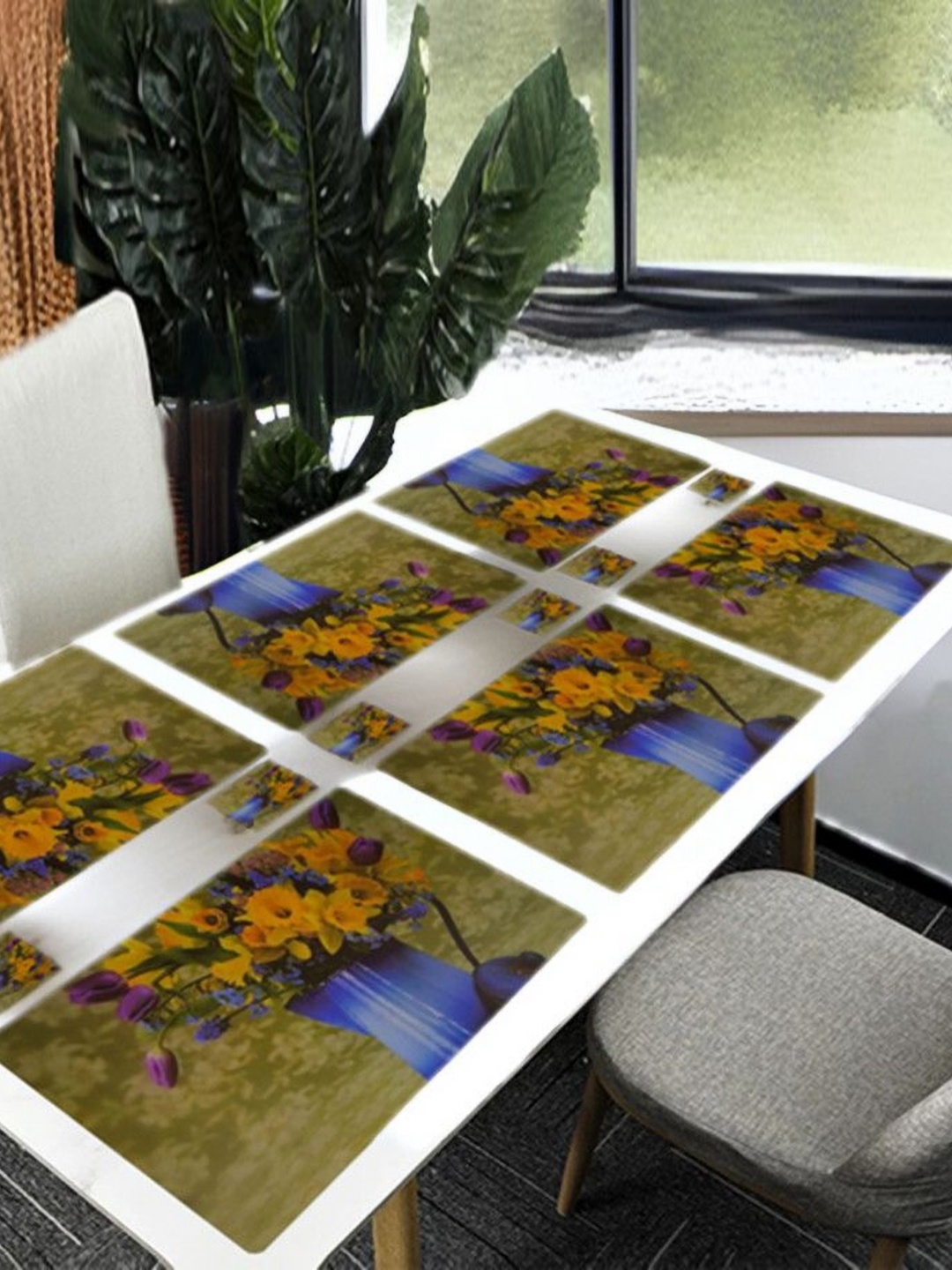 

REVEXO Green & Yellow 12 Pieces Floral Printed Table Placemats & Coasters
