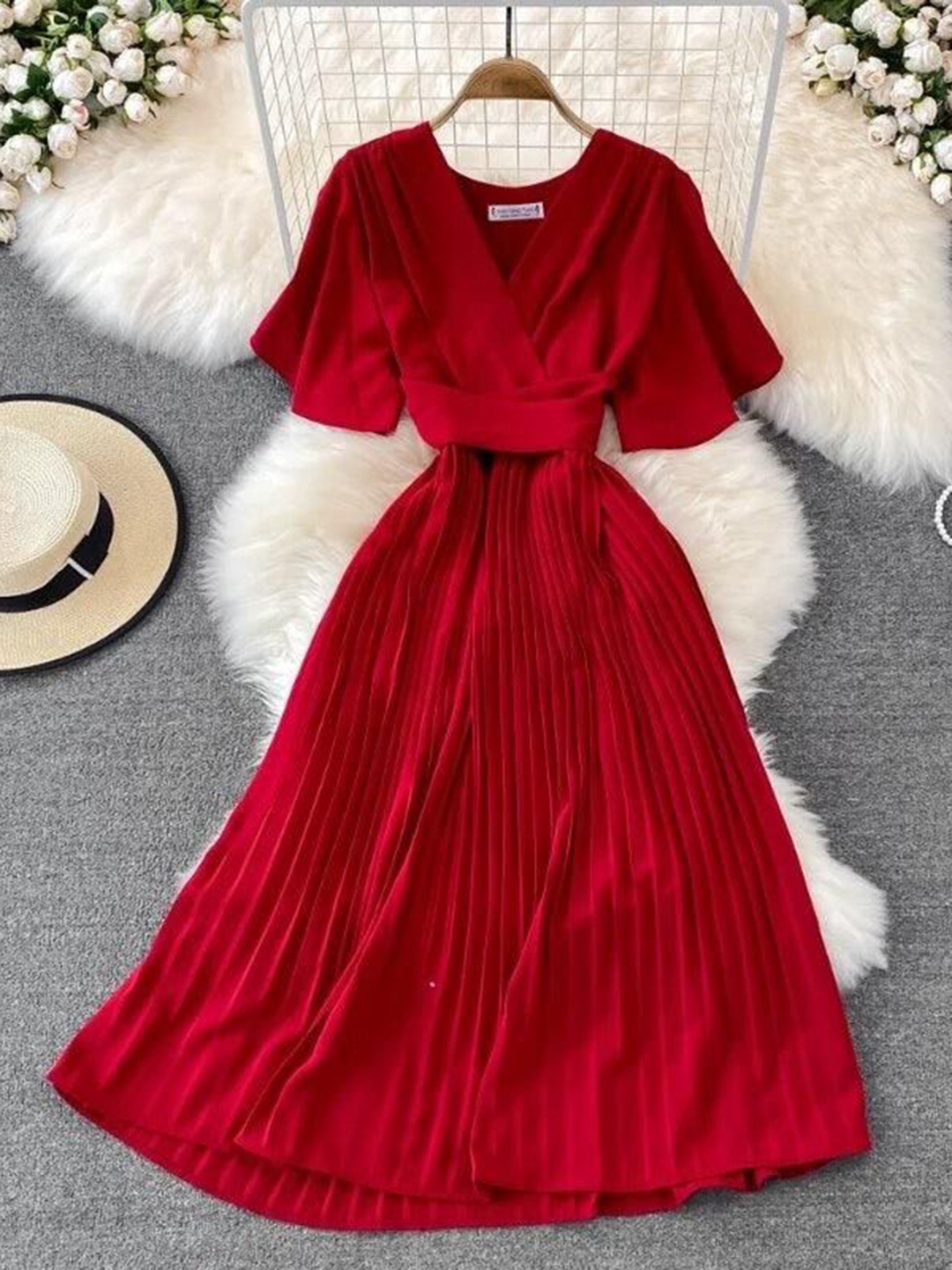 

Alamode By Akanksha Women Cotton Red Terry Pleated Luxe Summer Dre