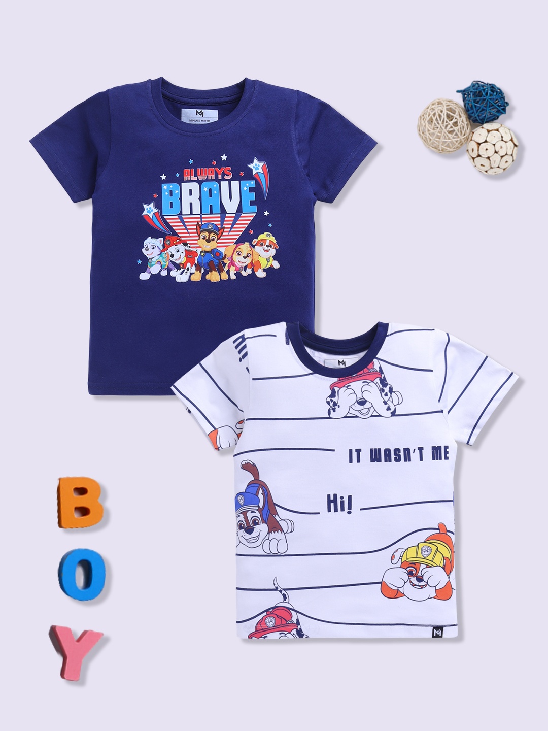 

YK X Minute Mirth Boys 2 Paw Petrol Printed Pure Cotton T-shirts, Navy blue