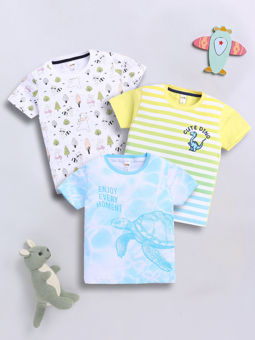 

LITTLE NINJA Boys Pack Of 3 Striped Round Neck Cotton T-shirts, White