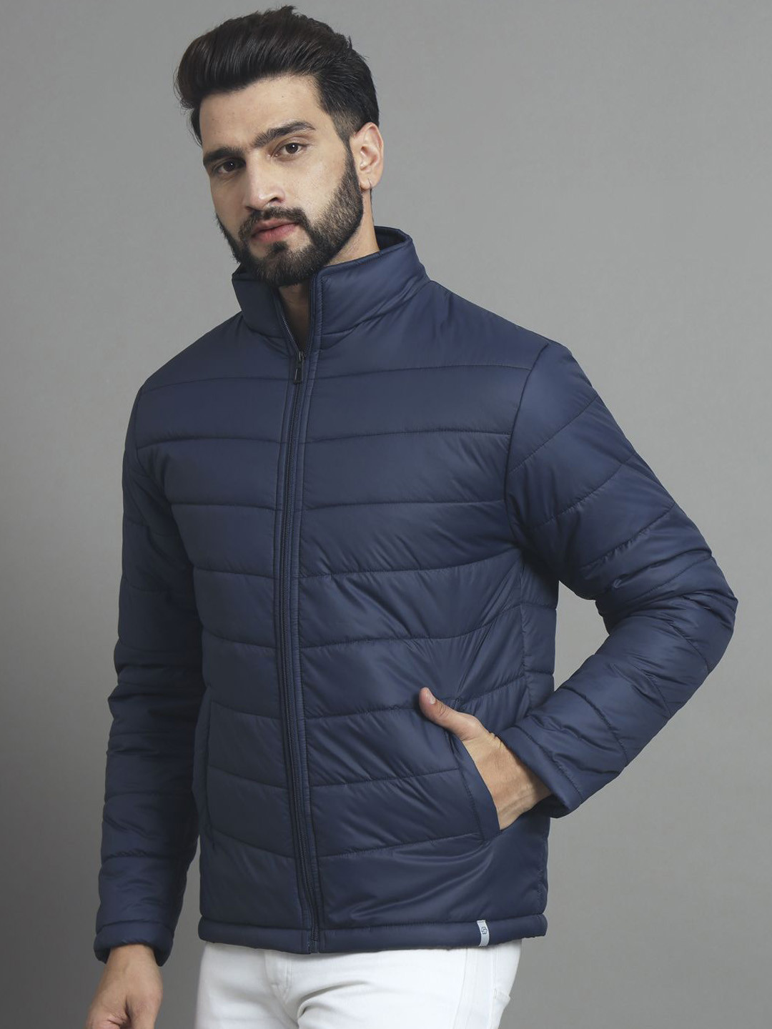 

RENUOVO Men Mock Collar Solid Casual Padded Jacket, Navy blue