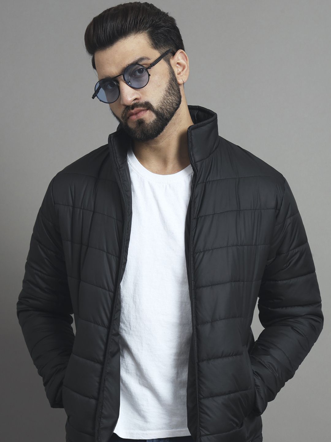 

RENUOVO Men Mock Collar Solid Padded Jacket, Black
