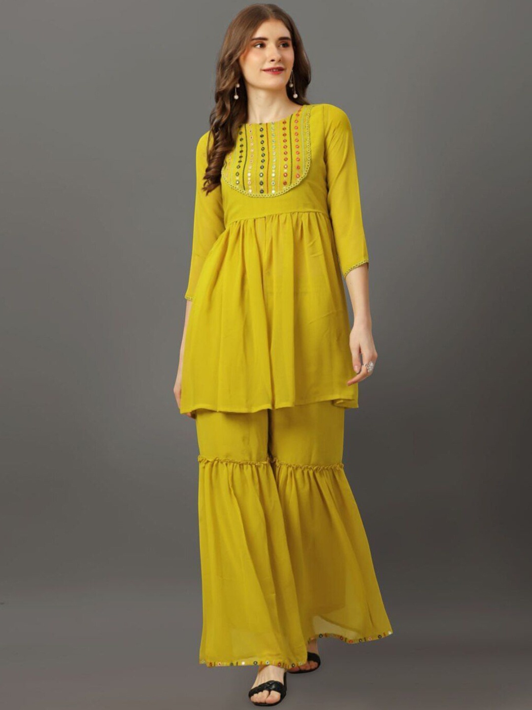 

DIVASTRI Embroidered Mirror Work Empire Anarkali Kurti with Sharara, Yellow