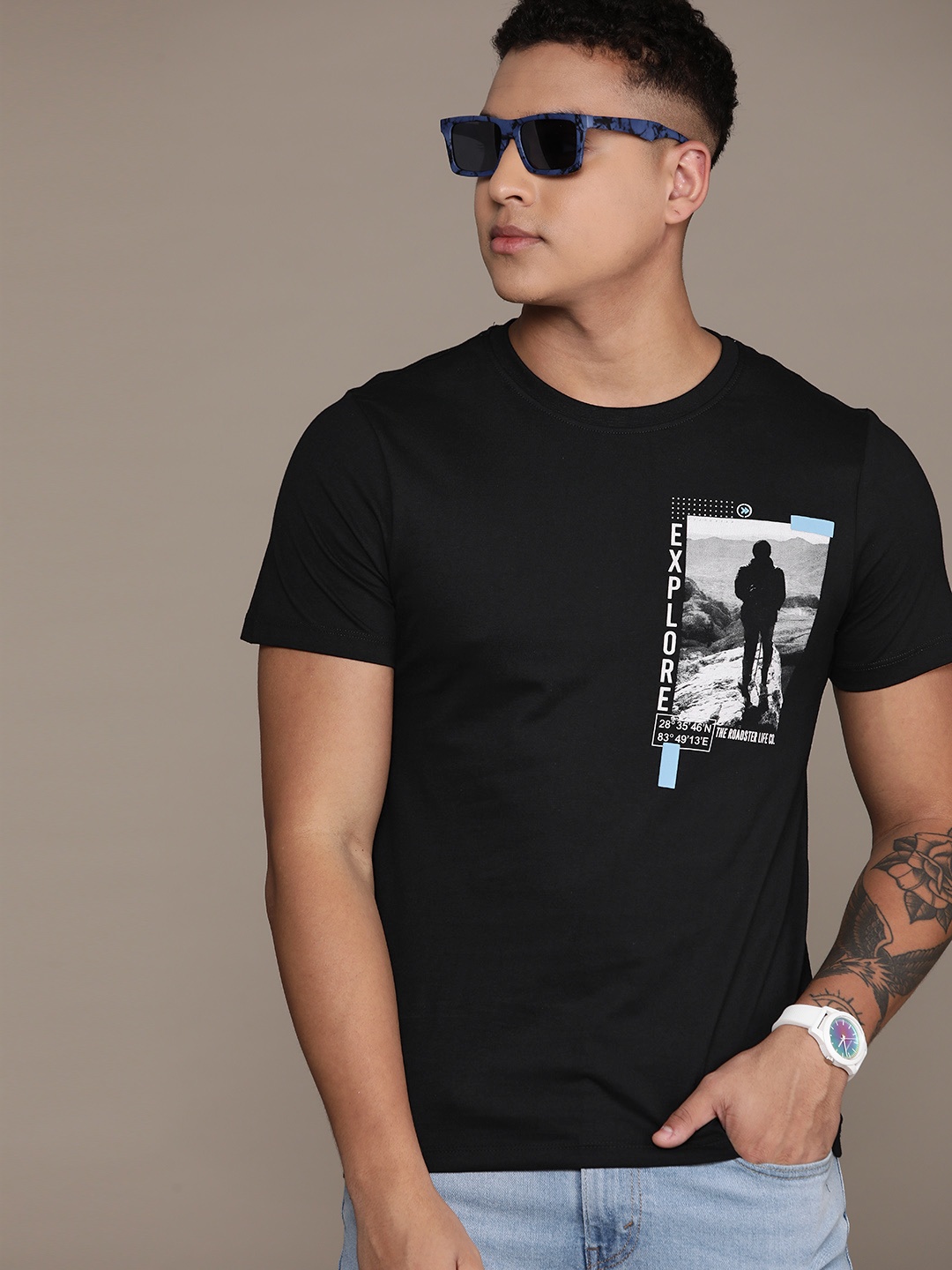 

The Roadster Lifestyle Co. Printed Pure Cotton T-shirt, Black