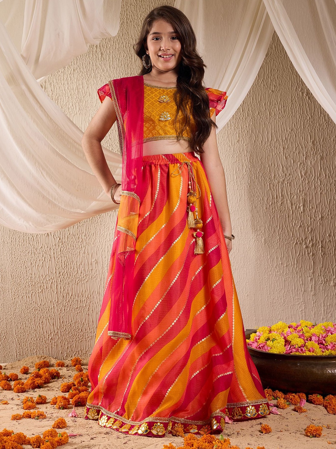 

pspeaches Girls Woven Design Flutter Sleeves Gotta Patti Ready to Wear Lehenga Choli, Red