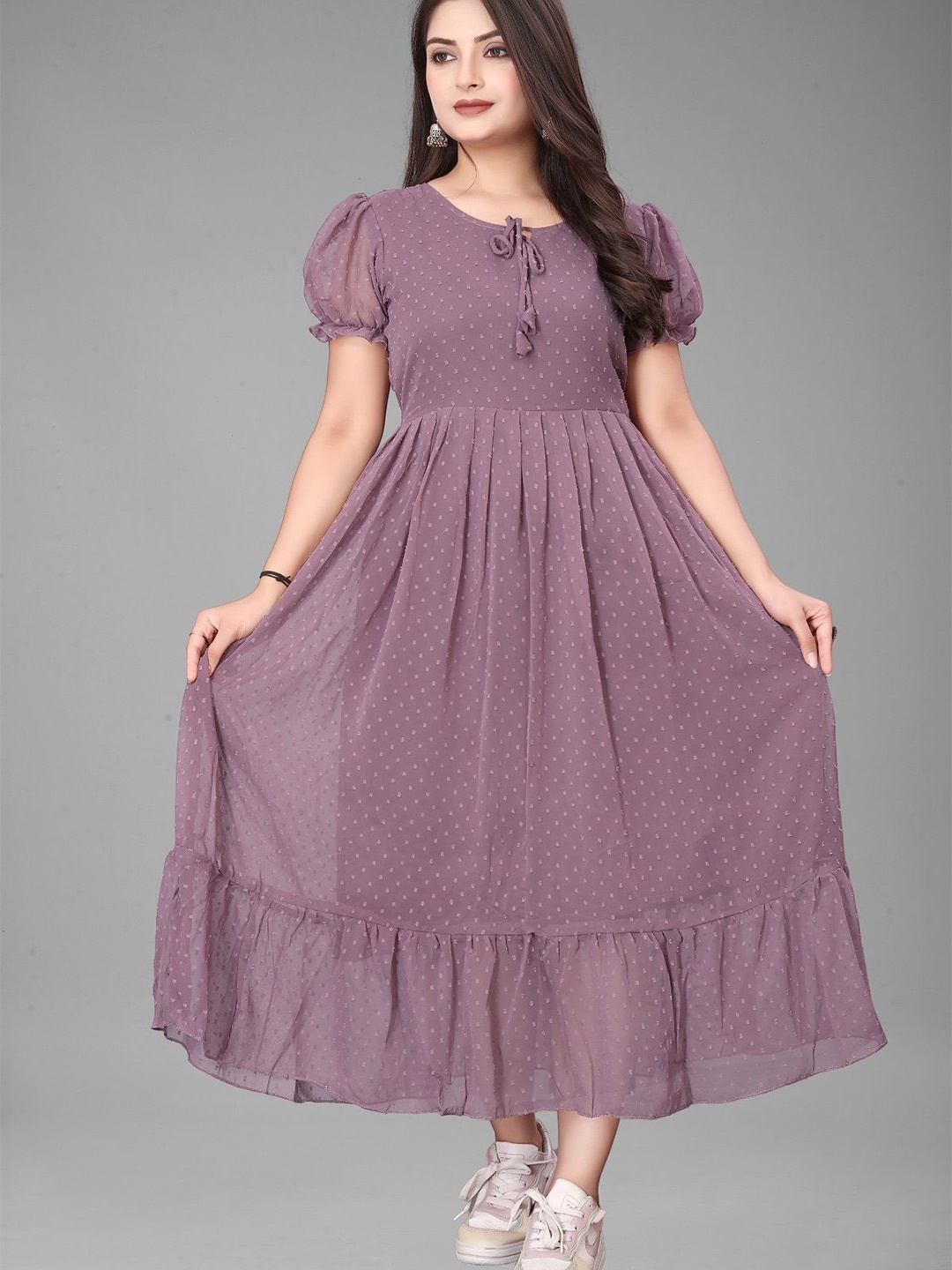 

KRISHTI CREATION Women Tie-Up Neck Puff Sleeves Fit & Flare Maxi Dress, Purple
