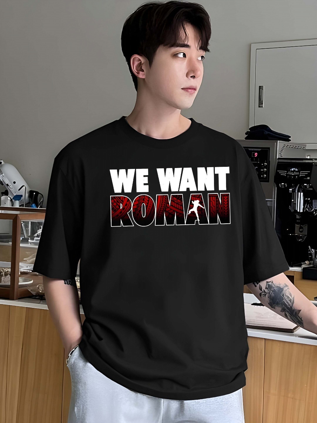 

SZN Men Typography Printed Round Neck Cotton Oversized T-shirt, Black