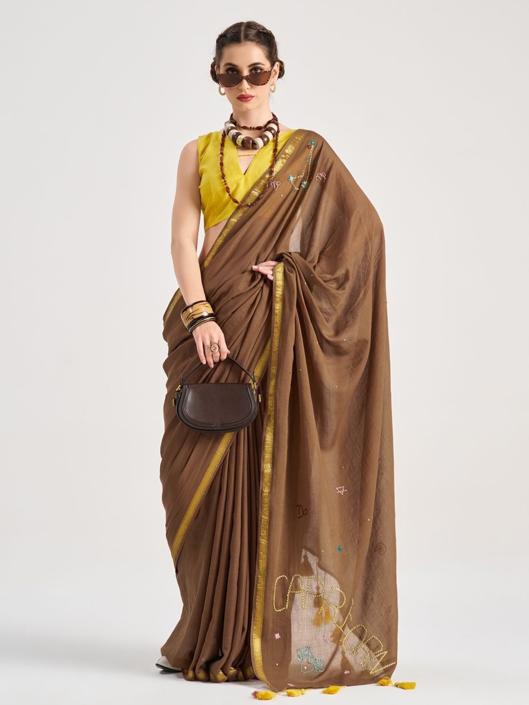 

Suha Ethnic Motifs Embroidered Pure Cotton Saree, Brown