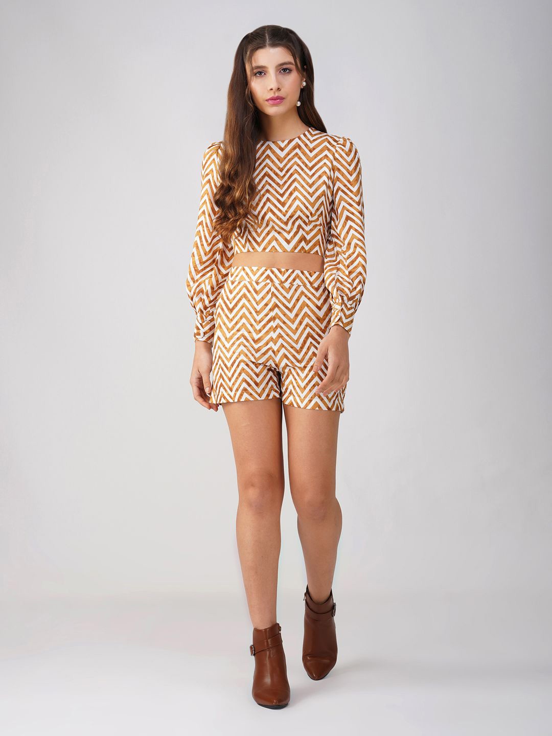 

HERE&NOW Printed Round Neck Top With Shorts Co-Ords, Brown