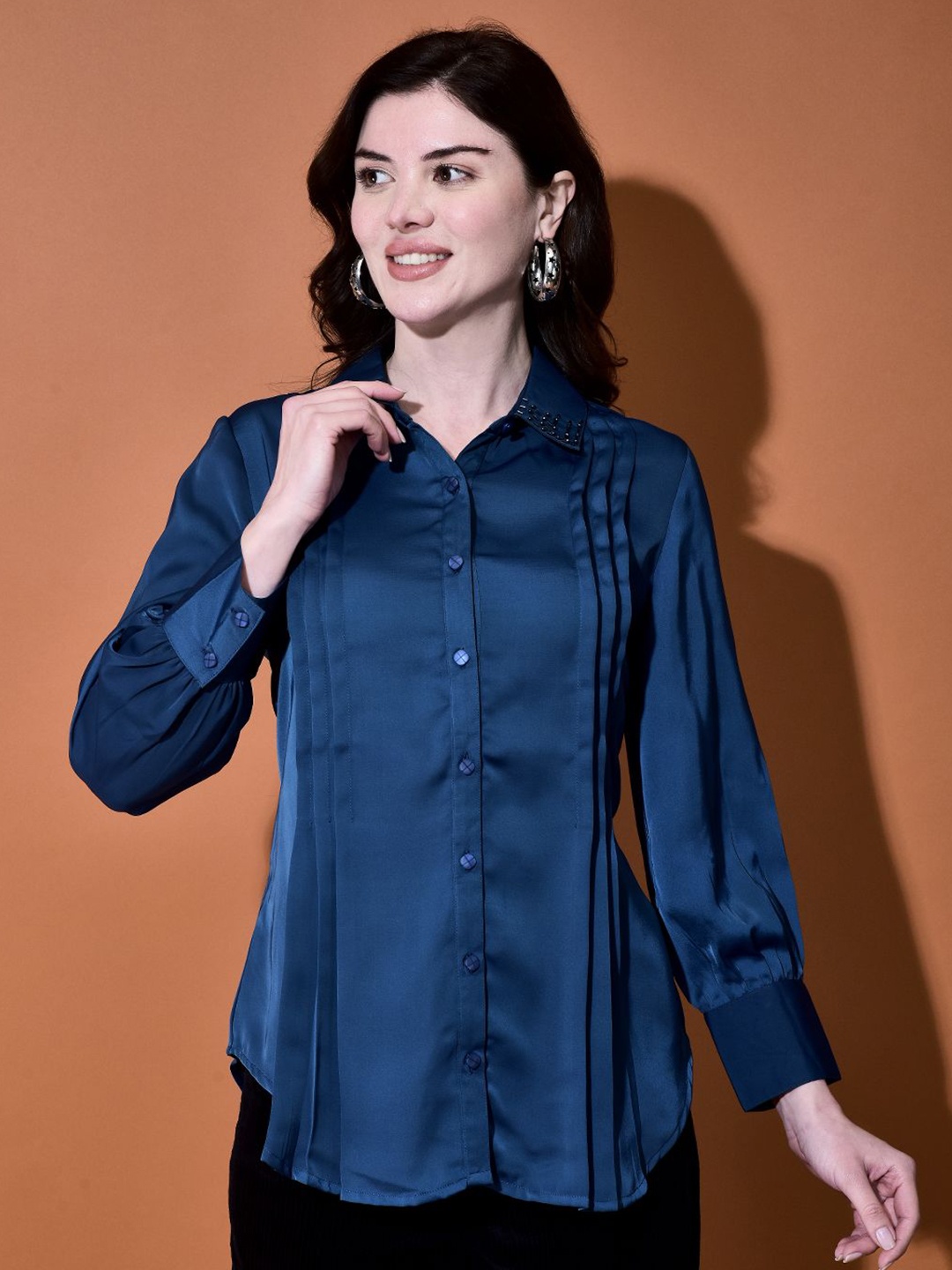 

FUTURO Women Solid Shirt Collar Satin Top, Navy blue