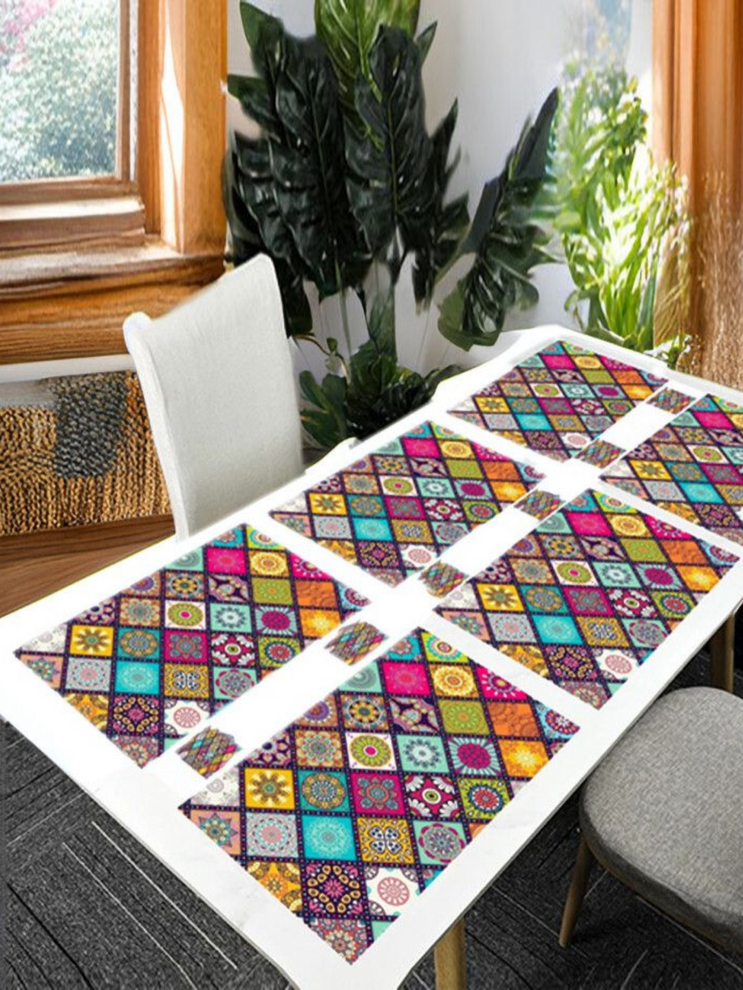 

REVEXO Brown 12 Pieces Ethnic Motifs Printed Rectangular Shaped Coasters & Table Placemats, Pink