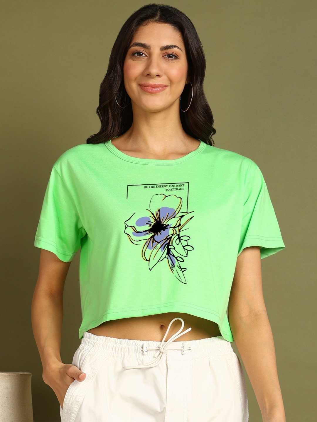 

CHOZI Women Bio Finish Floral Printed Round Neck Cotton Boxy T-shirt, Green