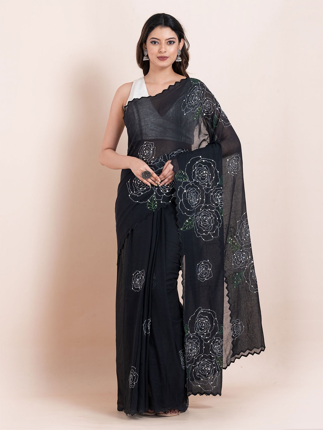 

ShopAaMe Floral Sequinned Pure Cotton Saree, Black