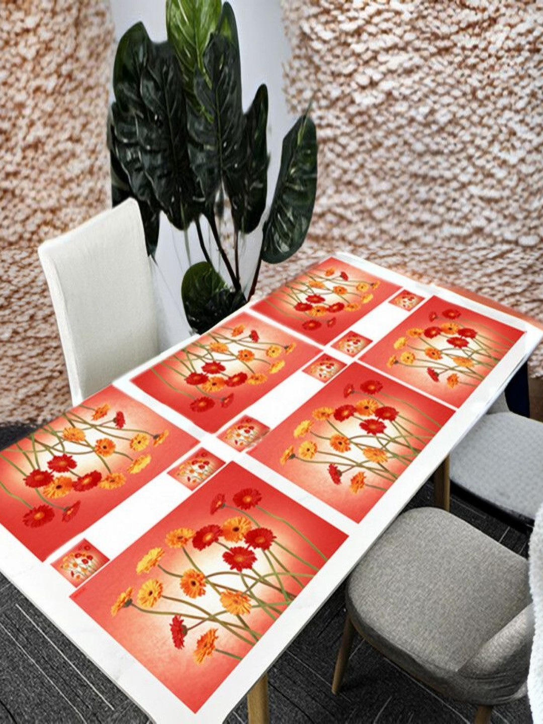 

REVEXO Red & Yellow Printed 12 Pieces Printed Table Placemats & Coasters, Orange