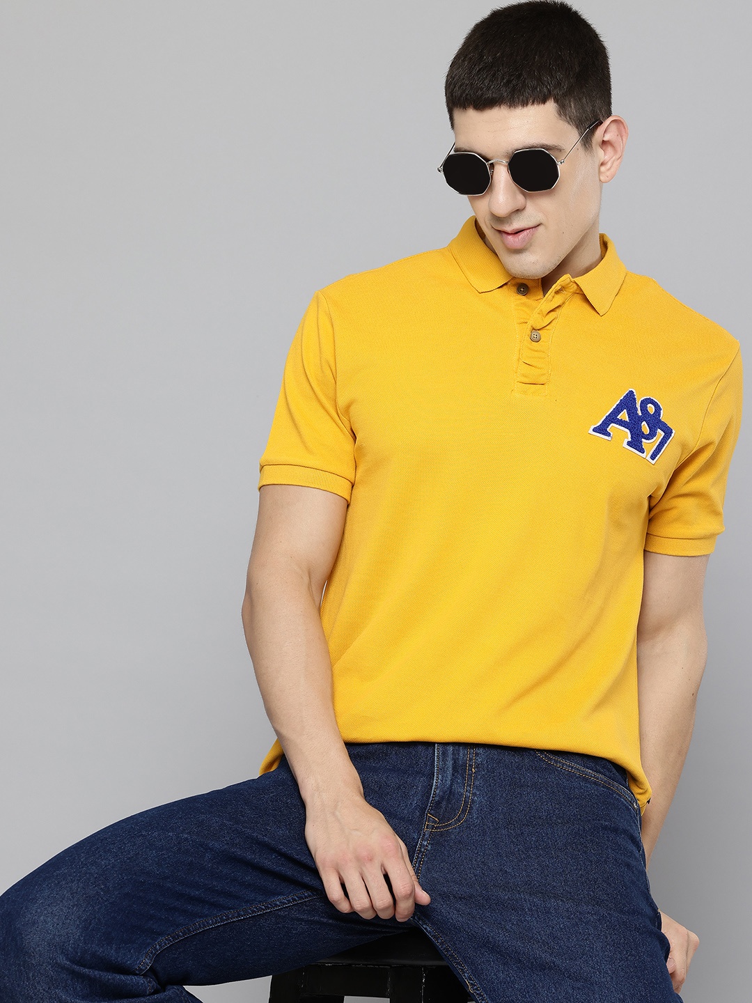 

Aeropostale Brand Logo Applique Detailed Polo Collar Pure Cotton T-shirt, Yellow