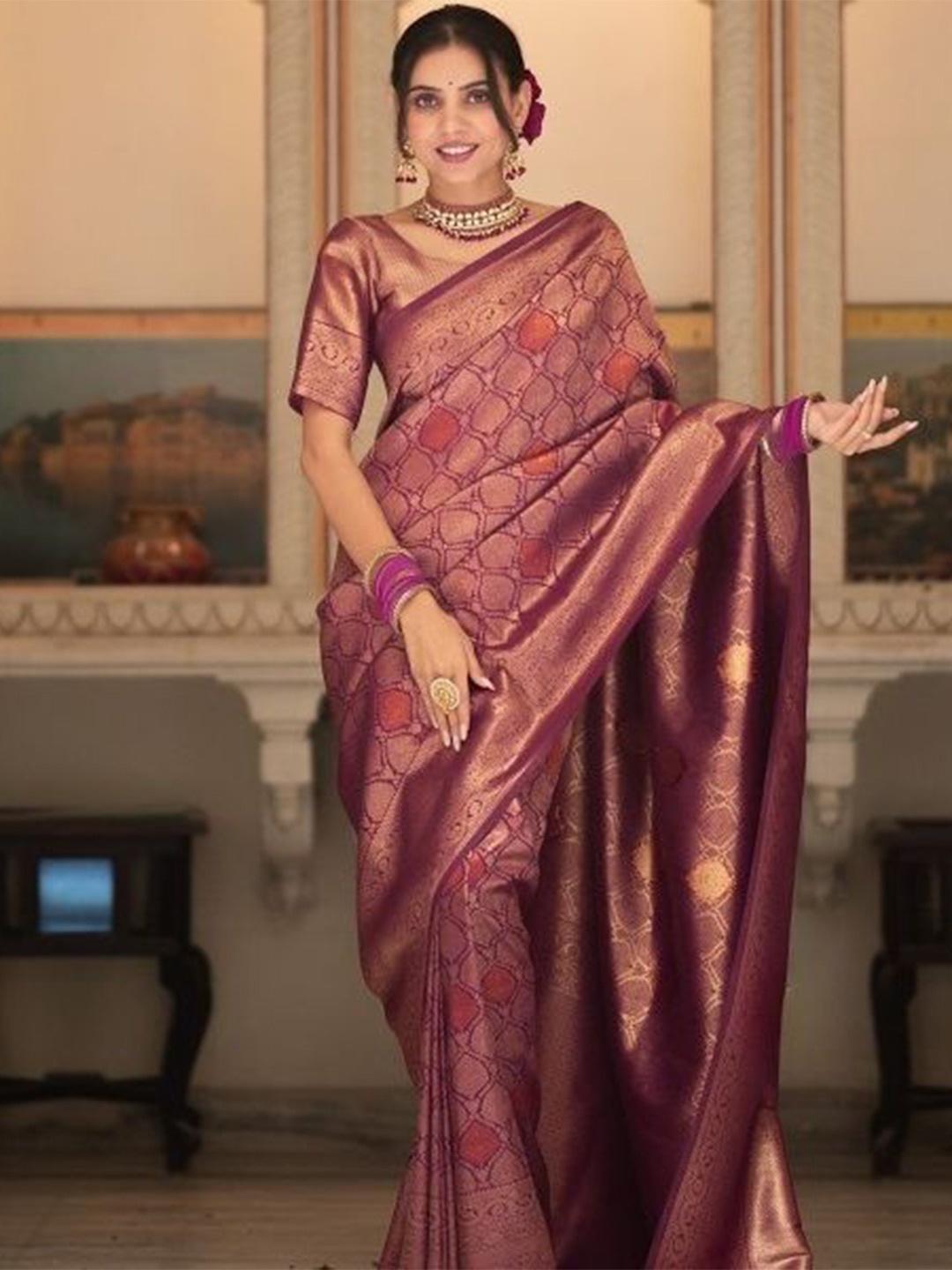 

ZIKARAA Ethnic Motifs Printed Zari Pure Silk Kanjeevaram Saree, Maroon