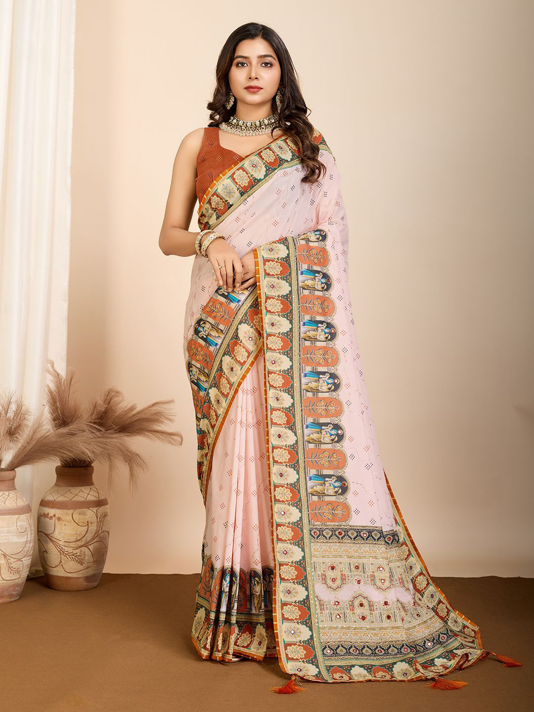 

Kriyansh Ethnic Motifs Printed Mirror Work Banarasi Saree, Beige