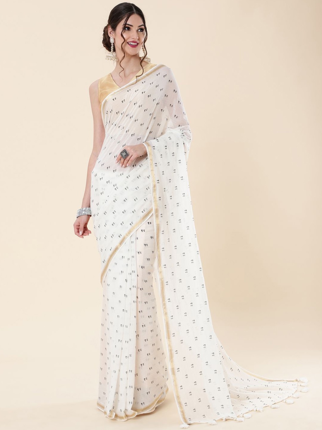 

Suha Floral Printed Pure Cotton Saree, White