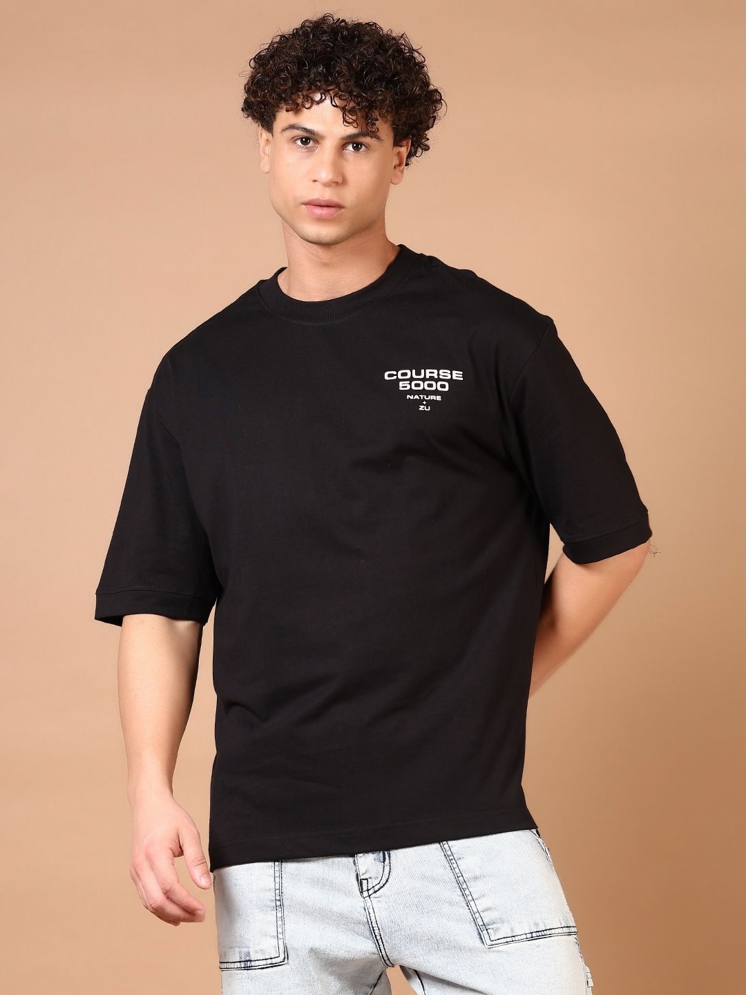 

V-Mart Men Graphic Printed Round Neck Cotton Oversized T-shirt, Black