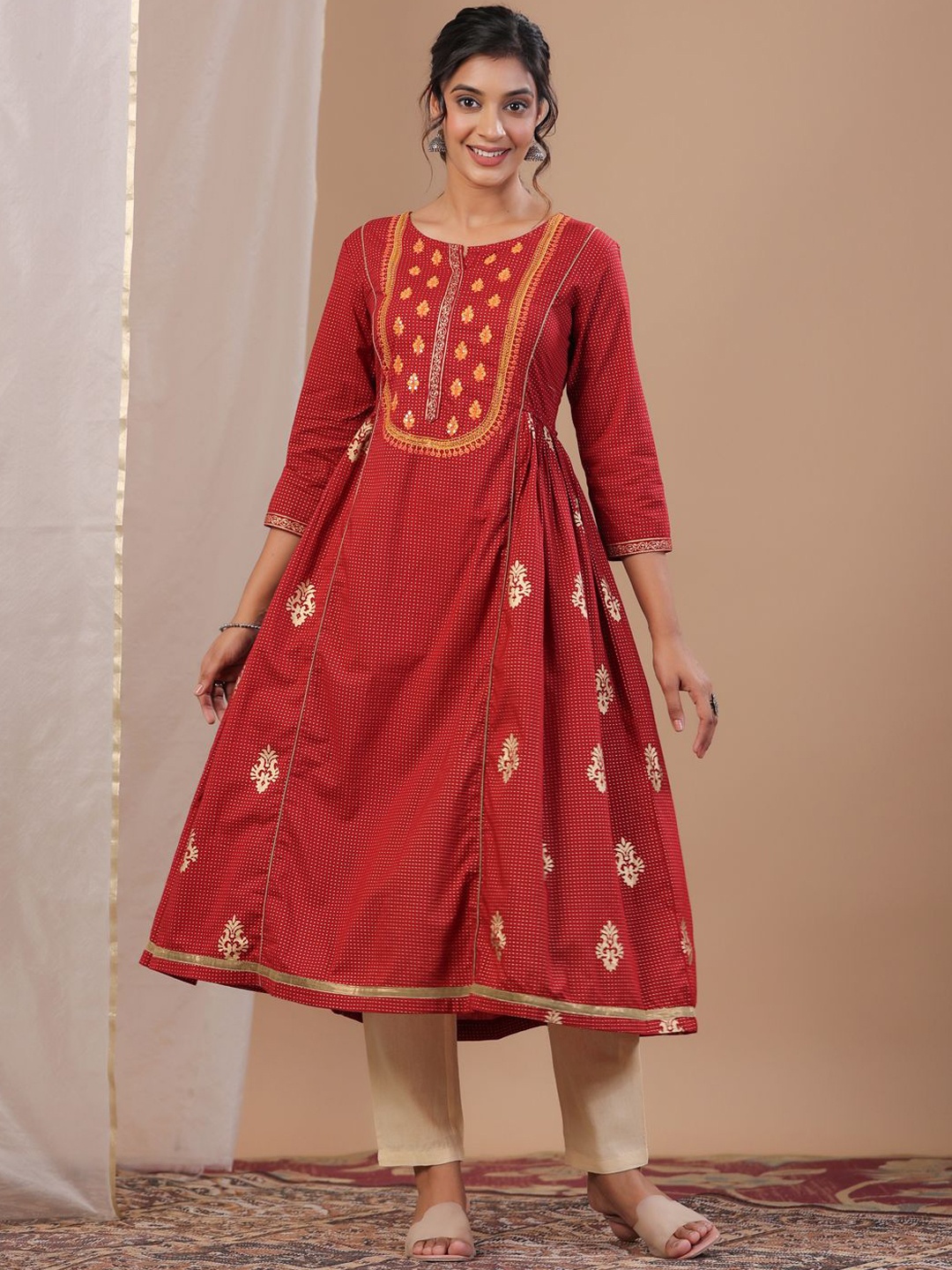 

Sangria Red Floral Printed Pure Cotton A-Line Kurta With Trousers
