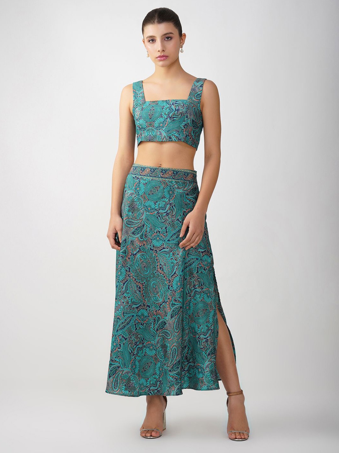 

HERE&NOW Printed Sleeveless Top With Skirt Co-Ords, Blue
