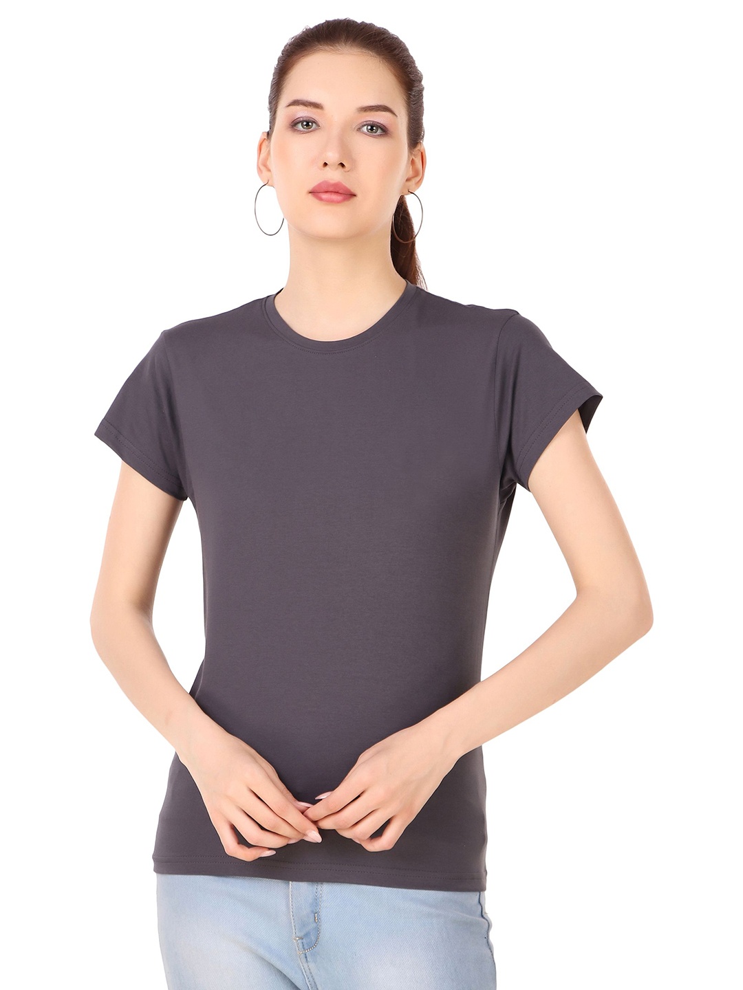 

STYLESO Women Solid Round Neck Cotton Slim Fit T-shirt, Grey