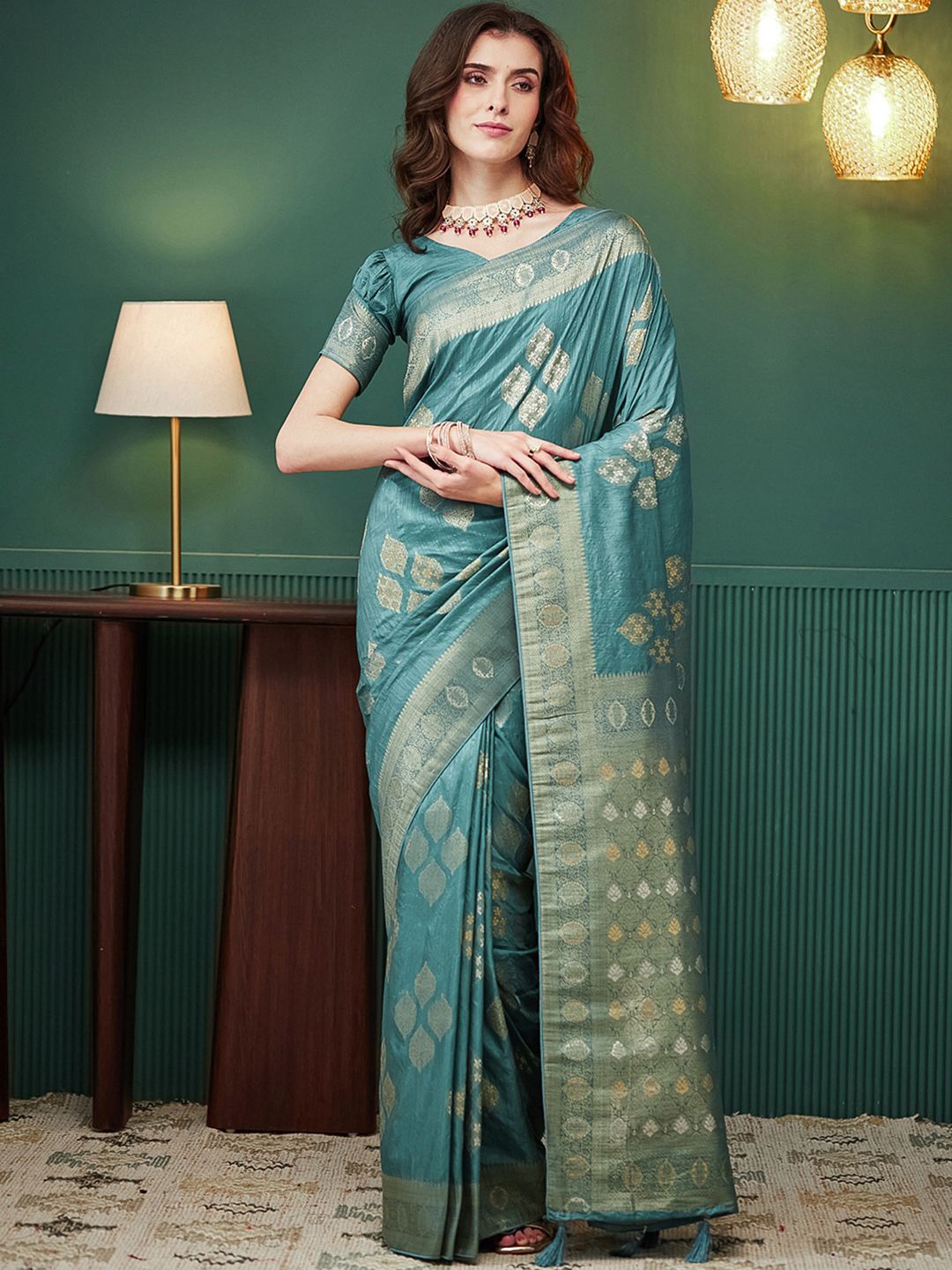 

Satrani Ethnic Motifs Printed Zari Pure Silk Banarasi Saree, Blue