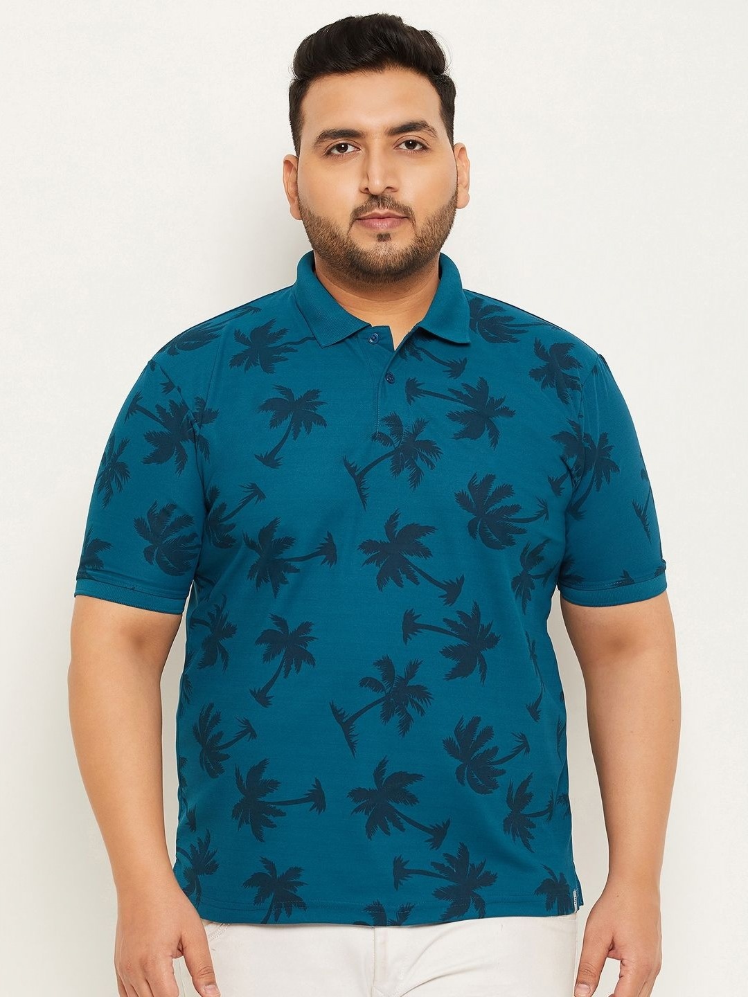 

RENUOVO Men Plus Size Floral Printed Polo Collar Cotton T-shirt, Teal