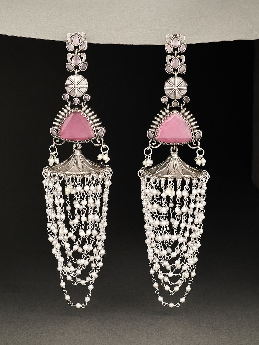 

ATIBELLE German Silver Plated Artificial Stones Studded & Beaded Drop Earrings, Pink
