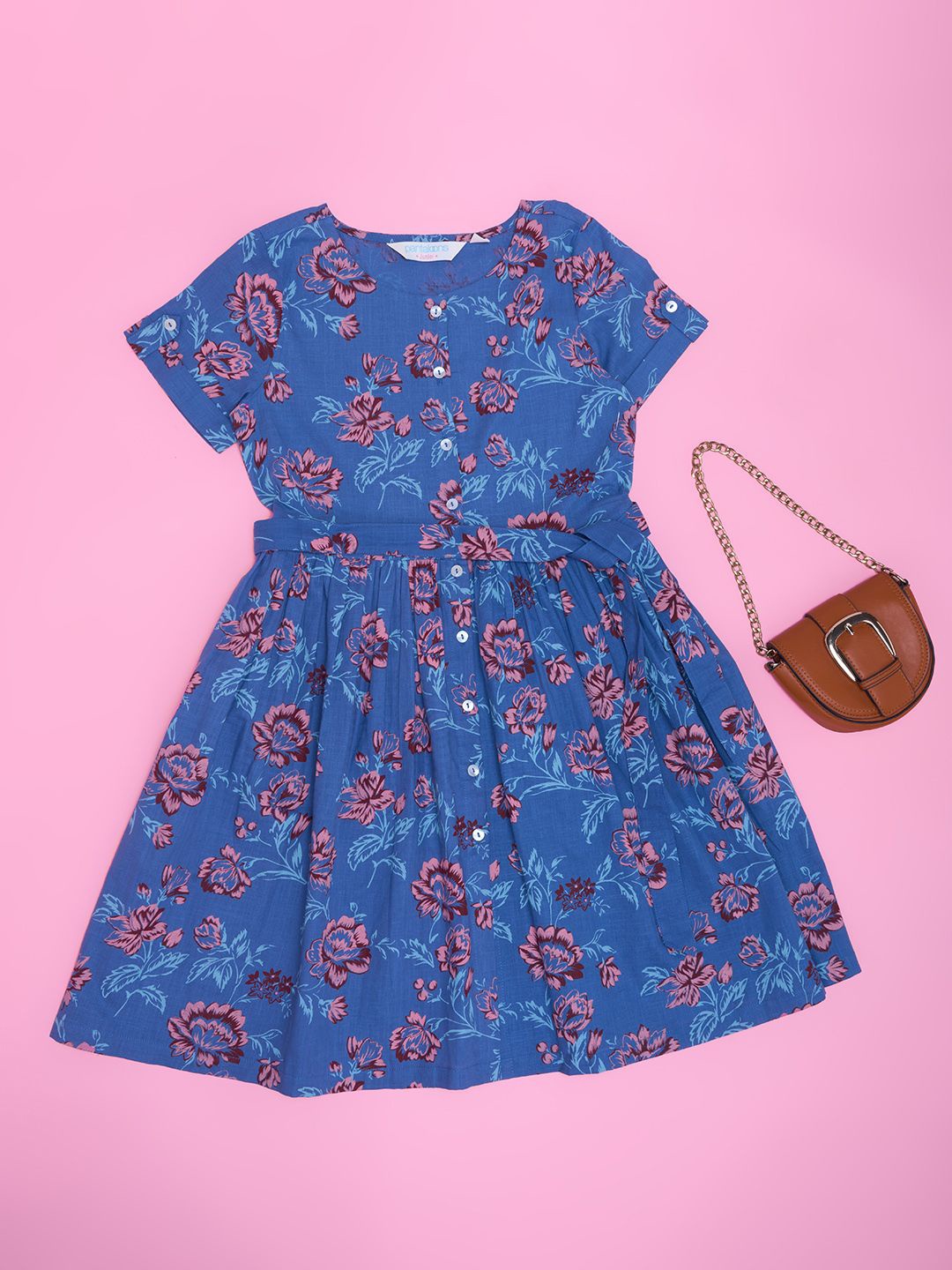 

AKKRITI BY PANTALOONS Girl Floral Print Cotton Shirt Dress, Blue