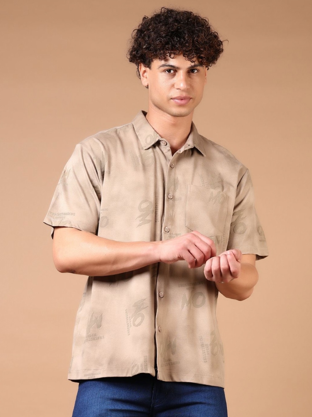 

V-Mart Men Conversational Printed Spread Collar Cotton Shirt, Beige