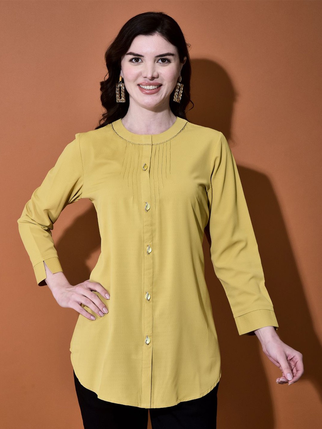 

FUTURO Women Self Design Round Neck Top, Mustard