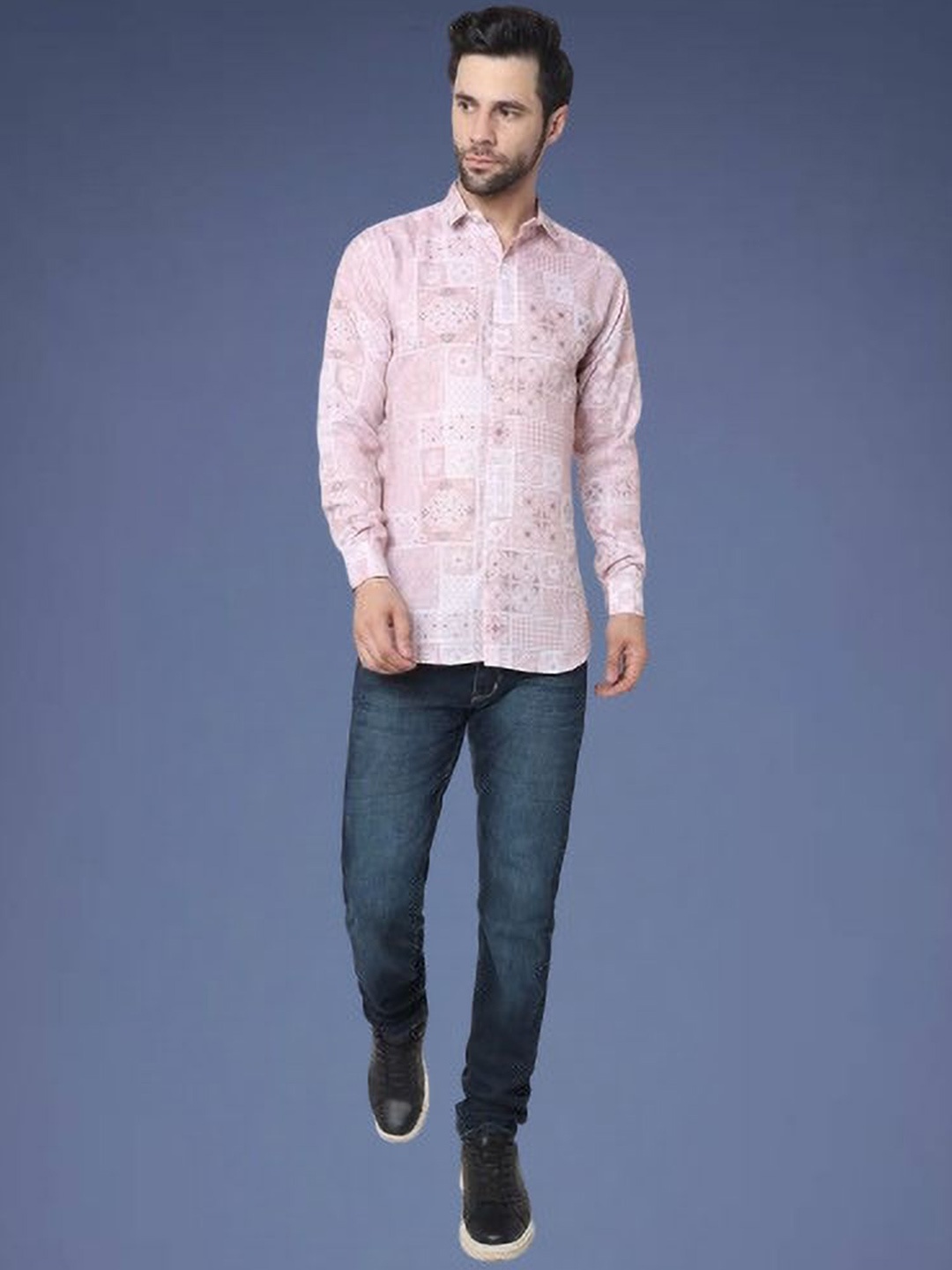 

iCome Men Spread Collar Ethnic Motifs Printed Cotton Linen Casual Shirt, Pink