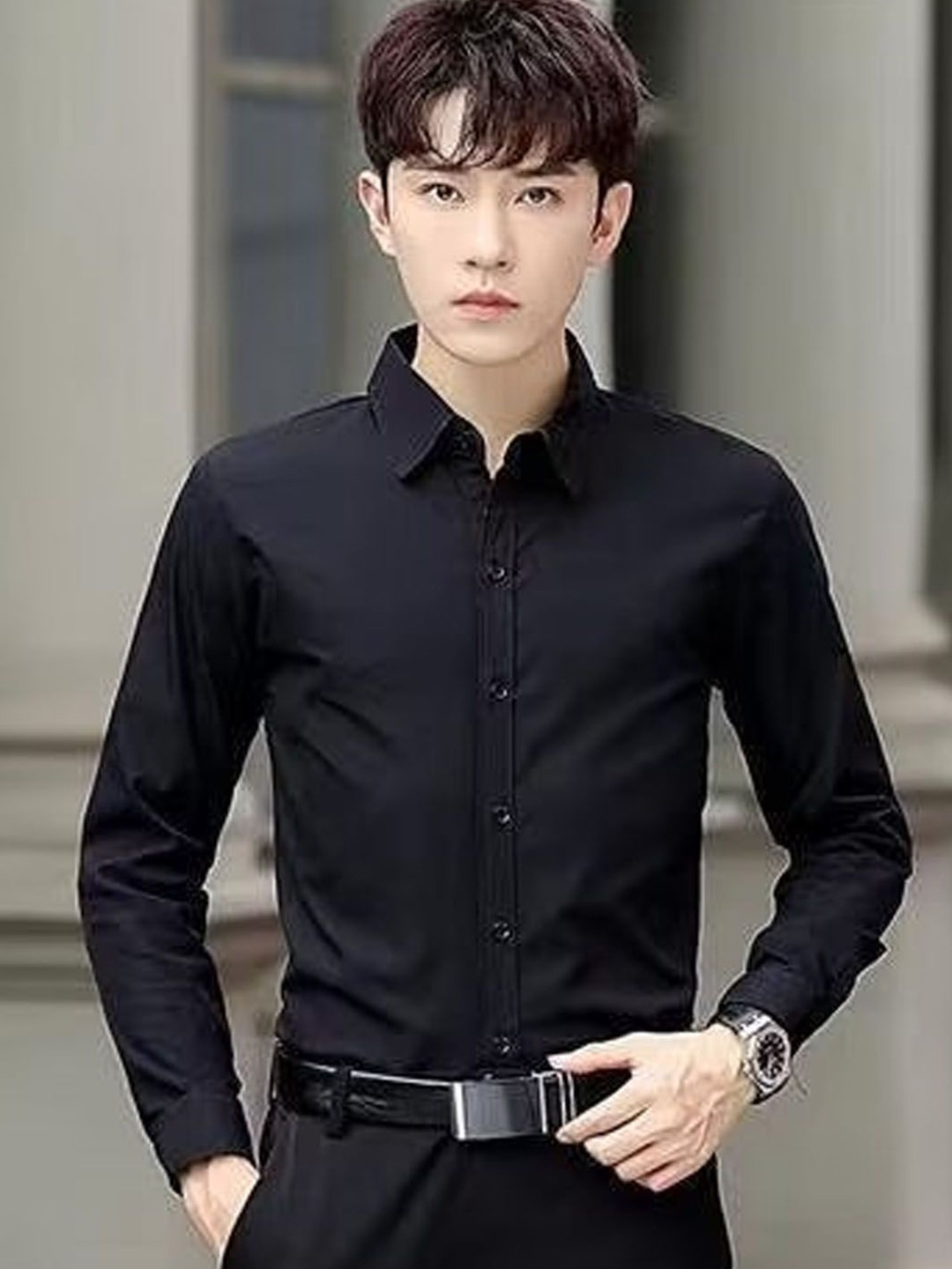 

StyleCast Men Slim Fit Spread Collar Solid Formal Shirt, Black