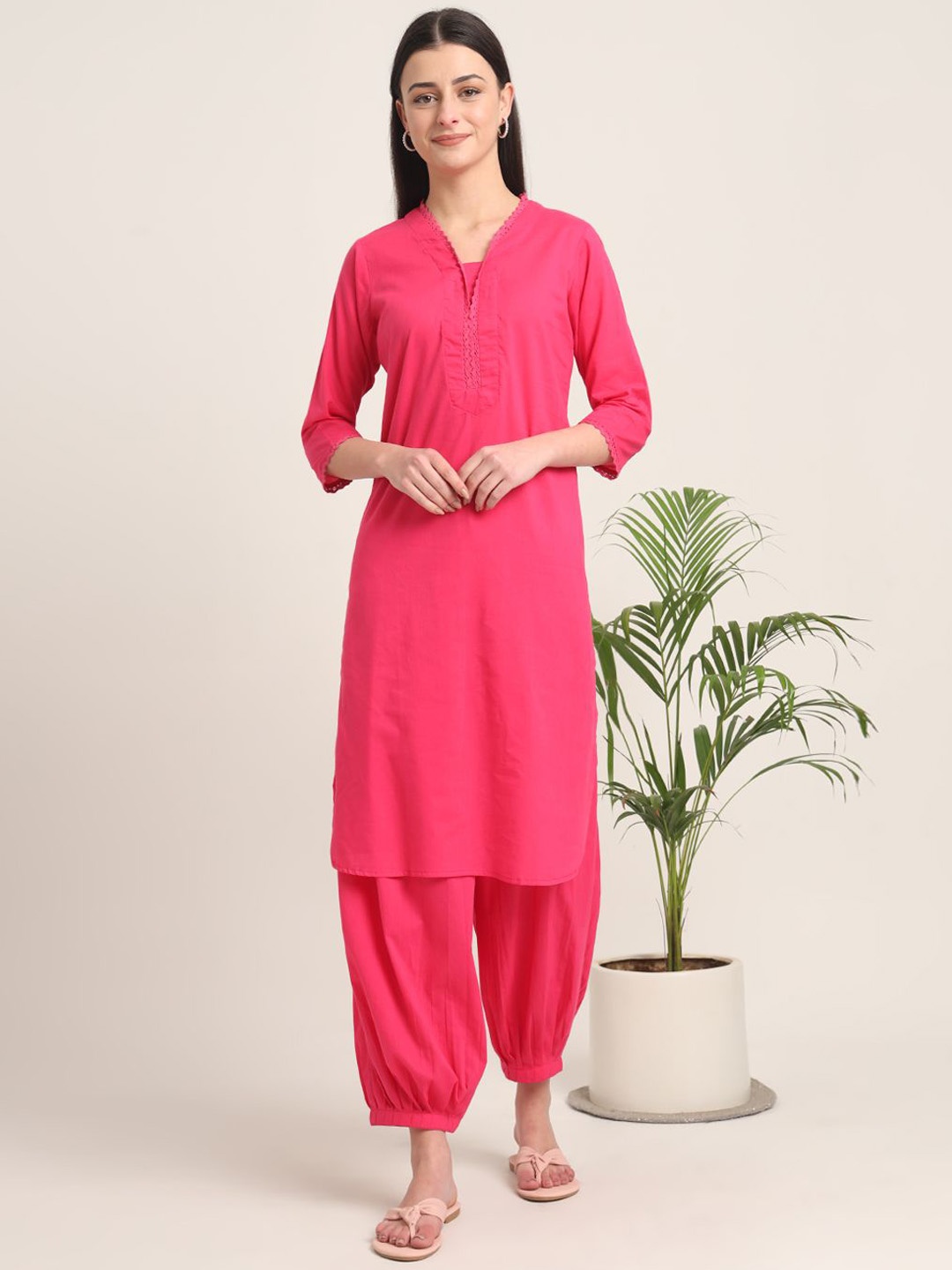 

Thevasa Pure Cotton Lace-Detail Tunic & Trouser Co-Ord Set, Pink