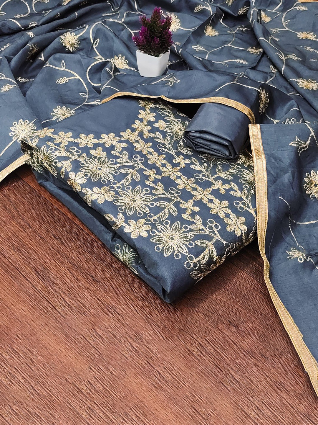 

BlissFlair Floral Zari Embroidered Chanderi Cotton Unstitched Dress Material, Blue