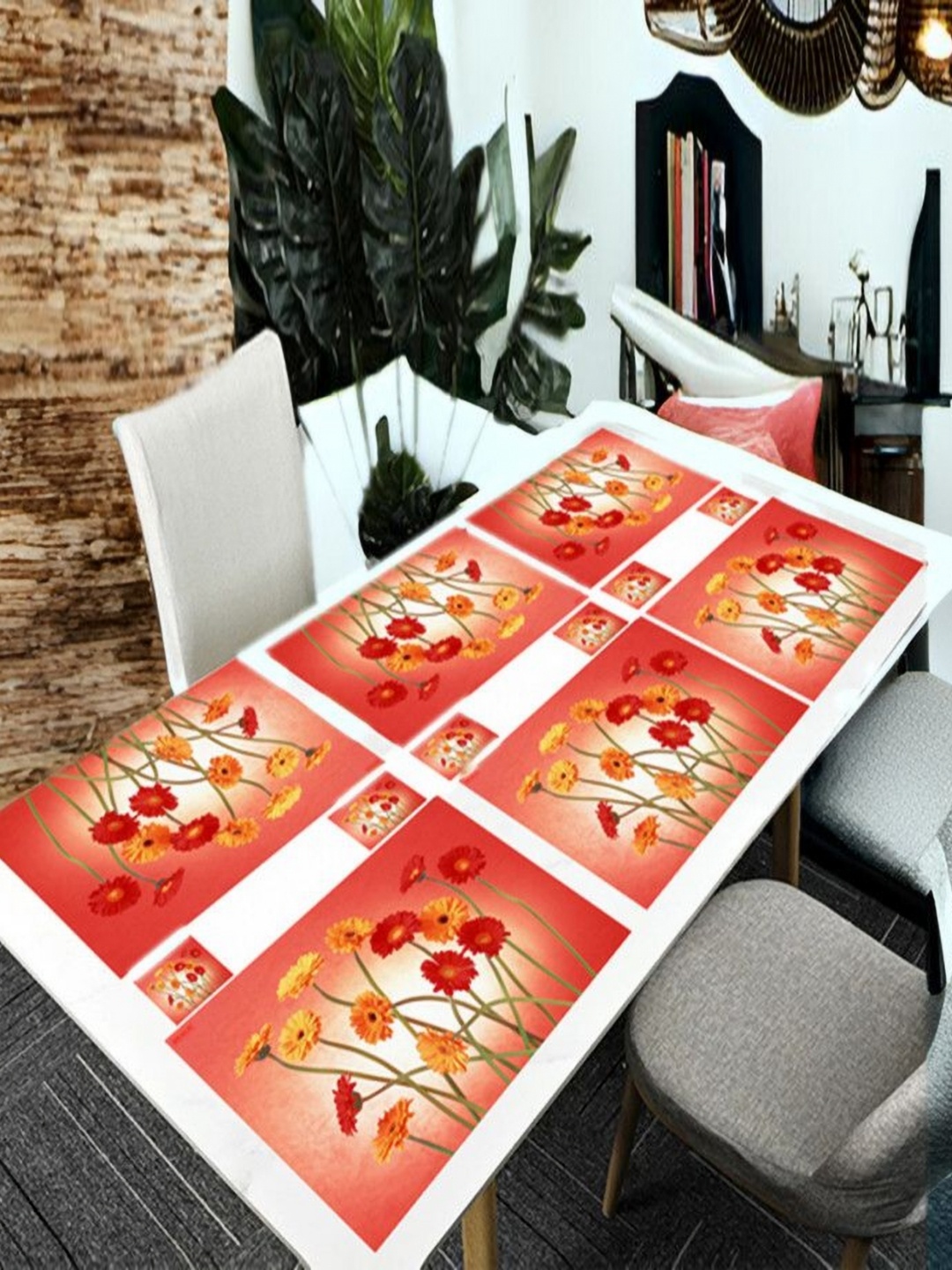 

REVEXO Red & Yellow 12 Pieces Floral Printed Table Placemats & Coasters
