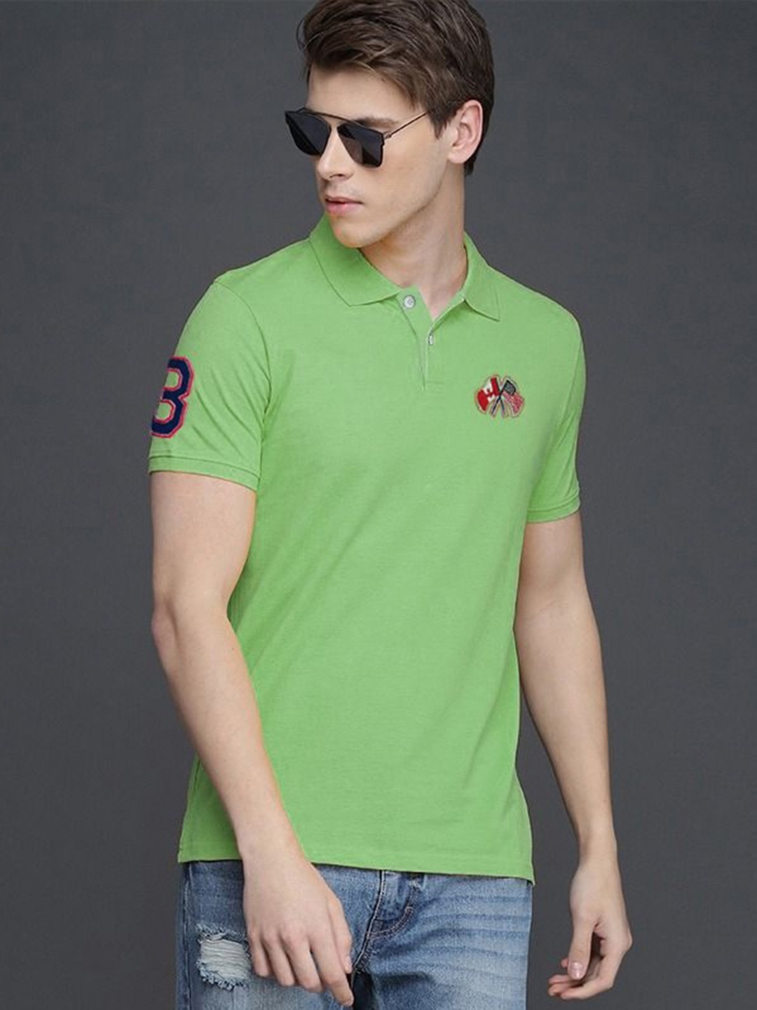 

MERRIMENT Men Solid Polo Collar Cotton T-shirt, Sea green